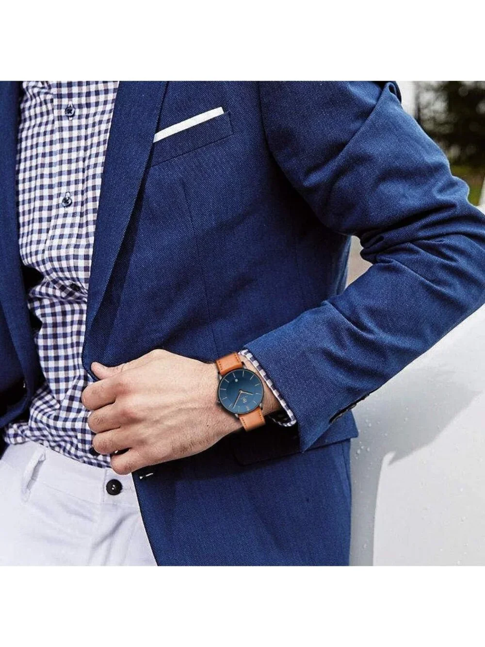 Men's Orange Blue Leather Strap Analog Minimalist Fashion Simple Wrist Watch